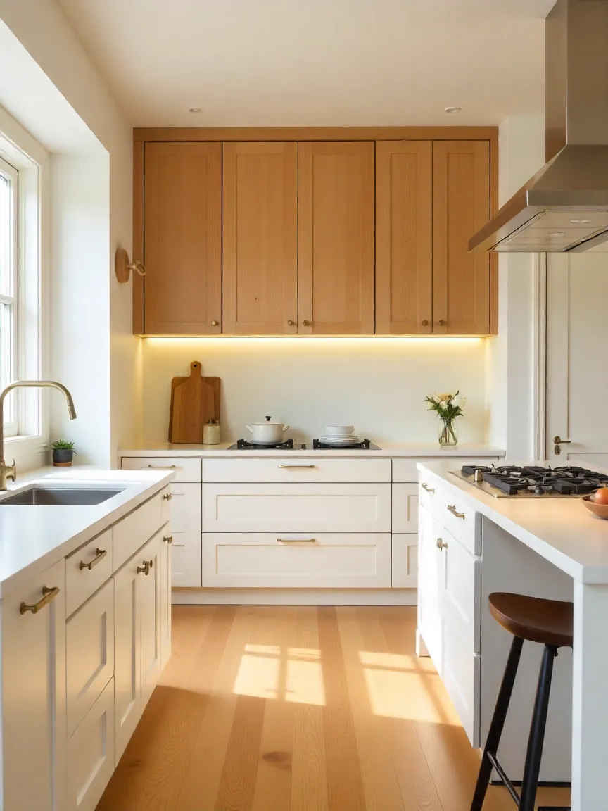 Minimalist Shaker kitchen with clean-lined cabinets, neutral tones, and simple hardware reflecting functionality and timeless design.
