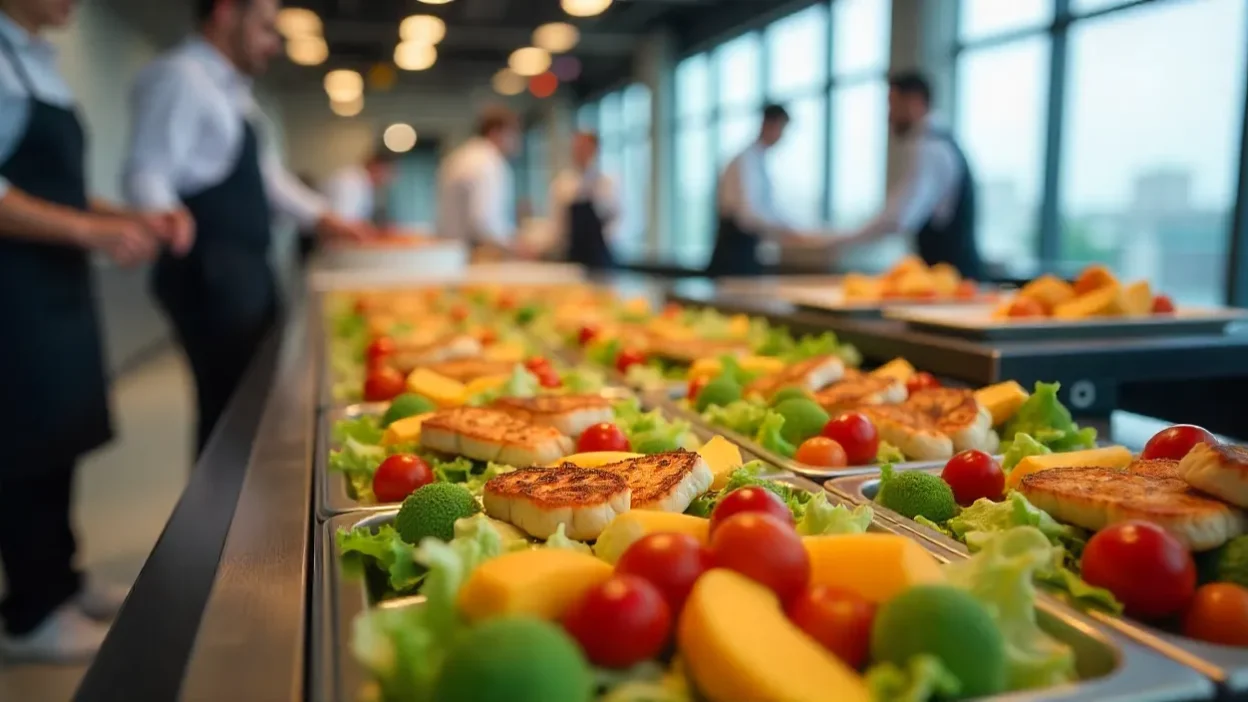 Corporate catering service with buffet of healthy meals served by staff in a professional business setting.