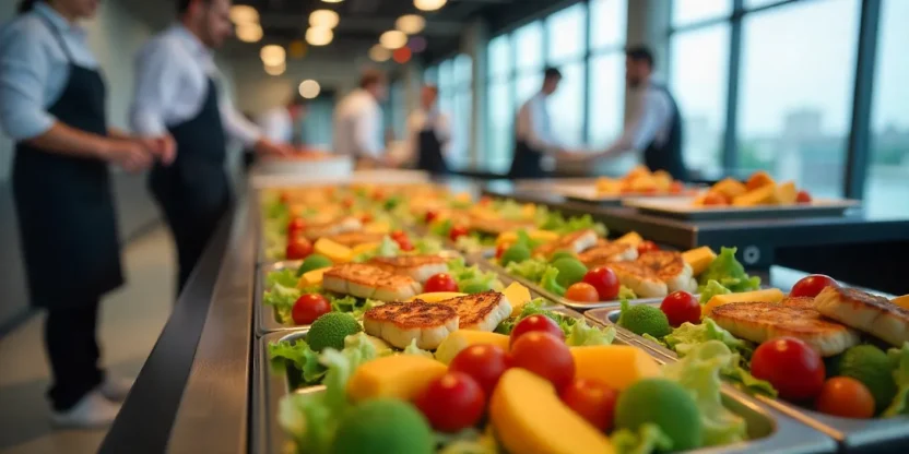Corporate catering service with buffet of healthy meals served by staff in a professional business setting.
