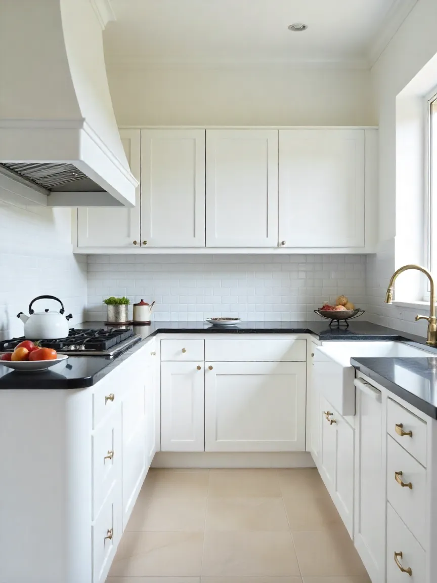 White kitchen featuring Carrara marble countertops with subway tile backsplash, alongside a contrasting option of black granite with glossy white tiles.