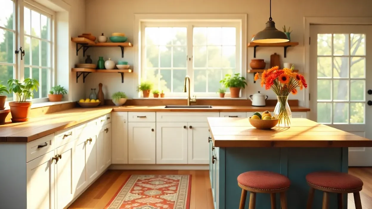 Cozy kitchen with white cabinets, wooden island, open shelves, brass fixtures, and warm natural light creating a welcoming atmosphere.
