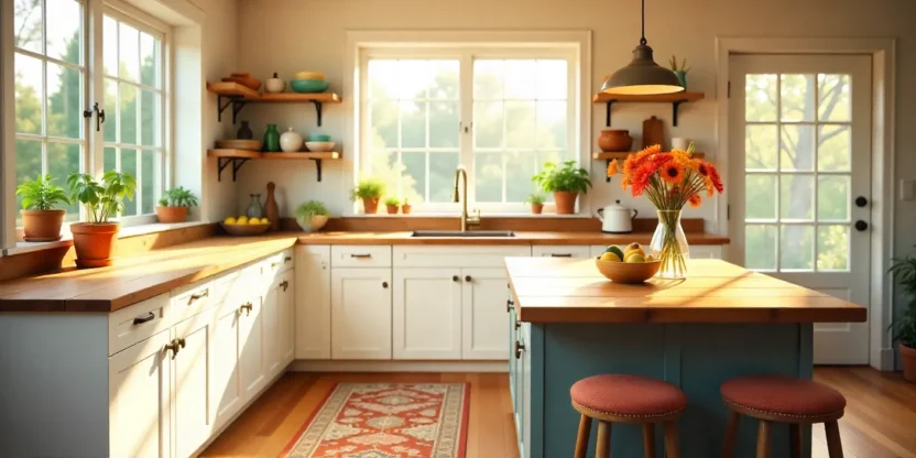 Cozy kitchen with white cabinets, wooden island, open shelves, brass fixtures, and warm natural light creating a welcoming atmosphere.