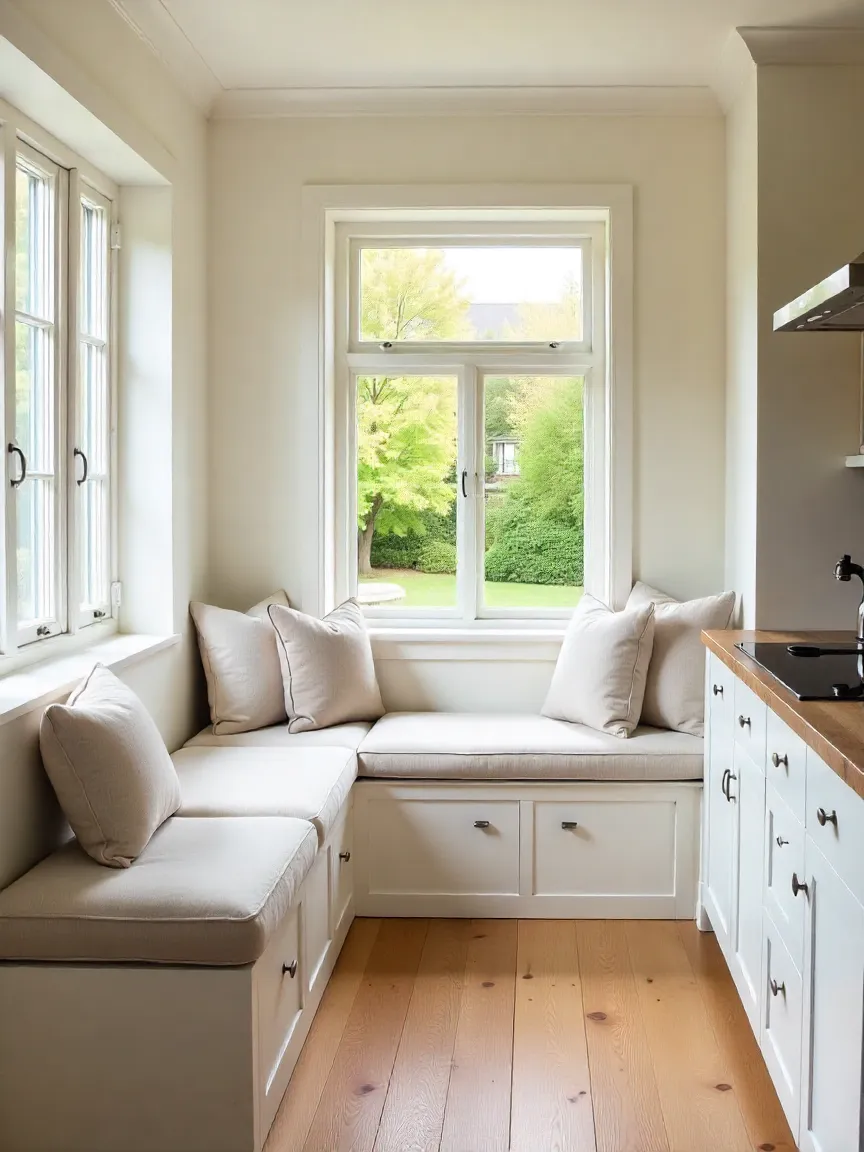 Kitchen with built-in banquette, rustic wooden table, and cozy window seat with cushions and throws.
