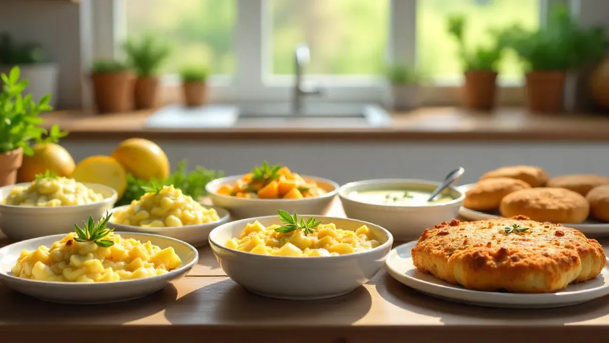 Rustic spring table with seven potato dishes, fresh herbs, and seasonal vegetables in natural light.