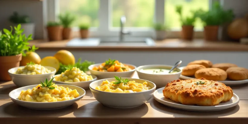 Rustic spring table with seven potato dishes, fresh herbs, and seasonal vegetables in natural light.