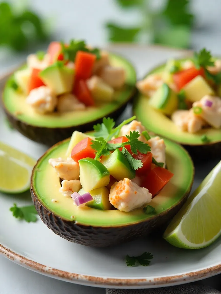 Crab and avocado salad served in avocado halves with tomatoes, cucumbers, red onions, and cilantro, garnished with lime.