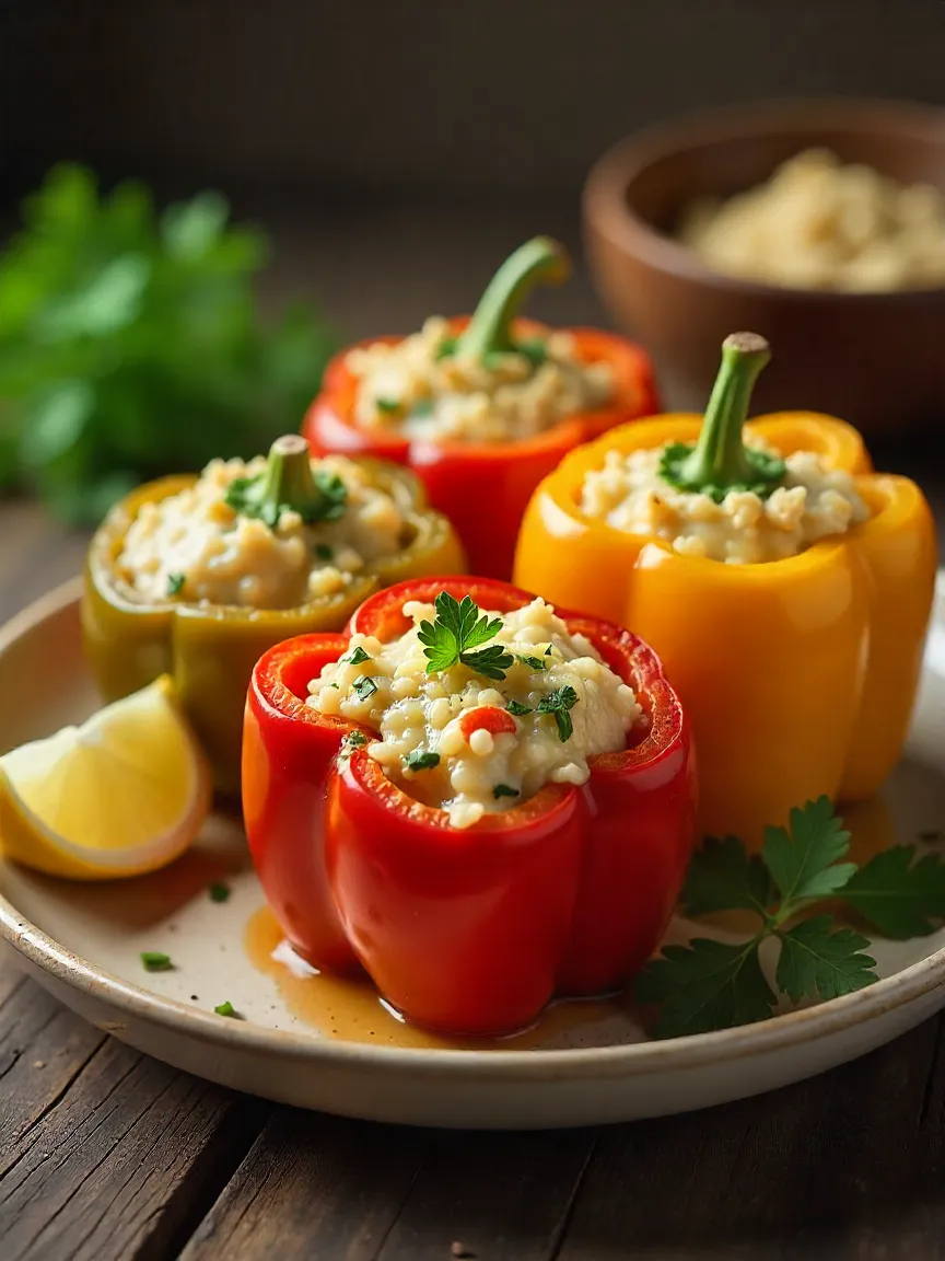 Crab stuffed bell peppers filled with crab meat, breadcrumbs, and melted cheese, served with parsley and lemon.