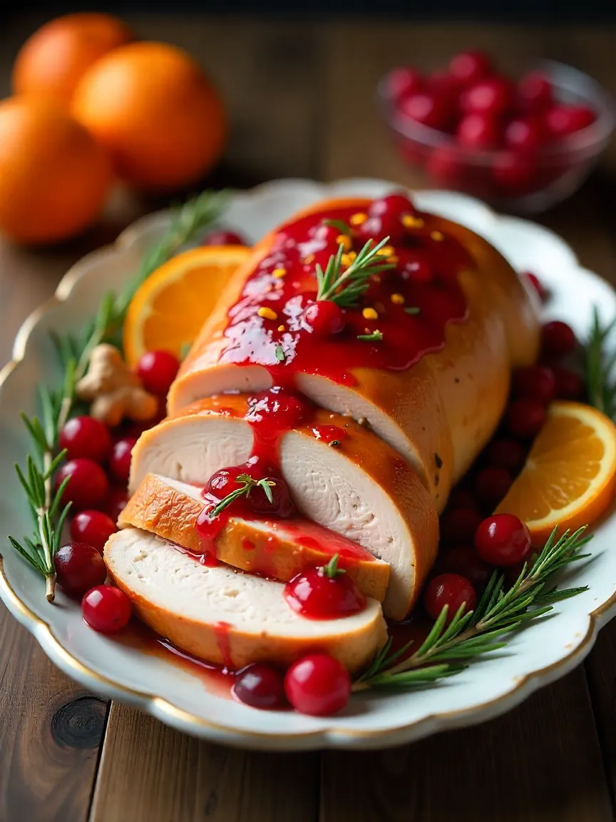 Cranberry-glazed turkey breast sliced and topped with tangy cranberry-orange sauce, garnished with rosemary, oranges, and fresh cranberries.