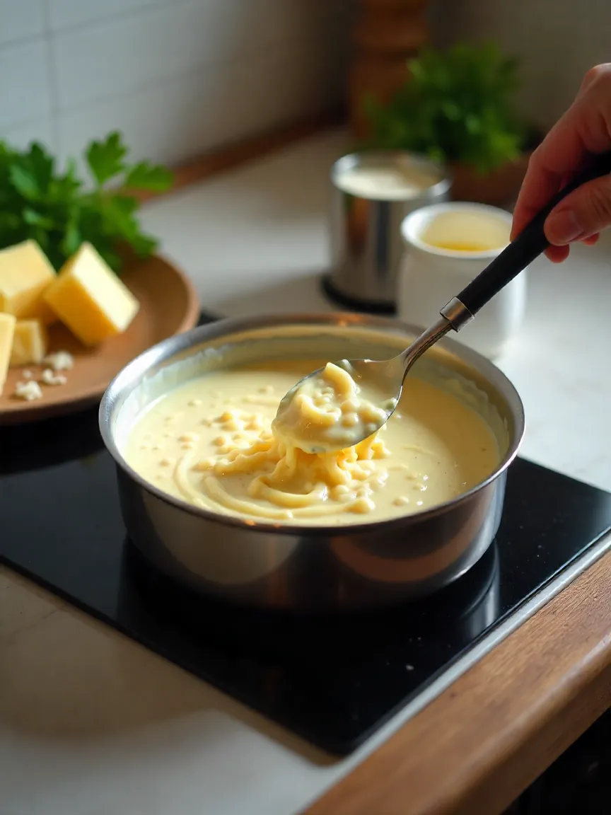 Creamy Alfredo sauce being stirred in a saucepan, surrounded by Parmesan cheese, butter, garlic, and cream on a warm kitchen counter.