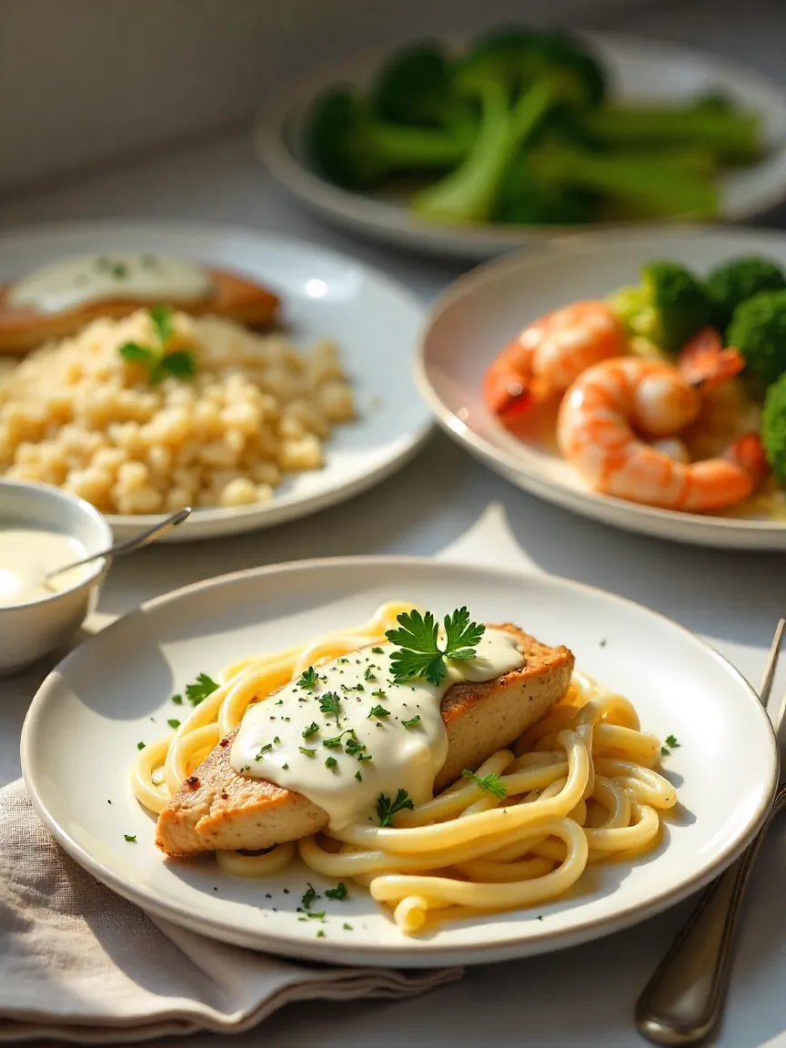 Creamy Alfredo sauce served with pasta, grilled chicken, broccoli, shrimp, and risotto on a light, elegant kitchen table.