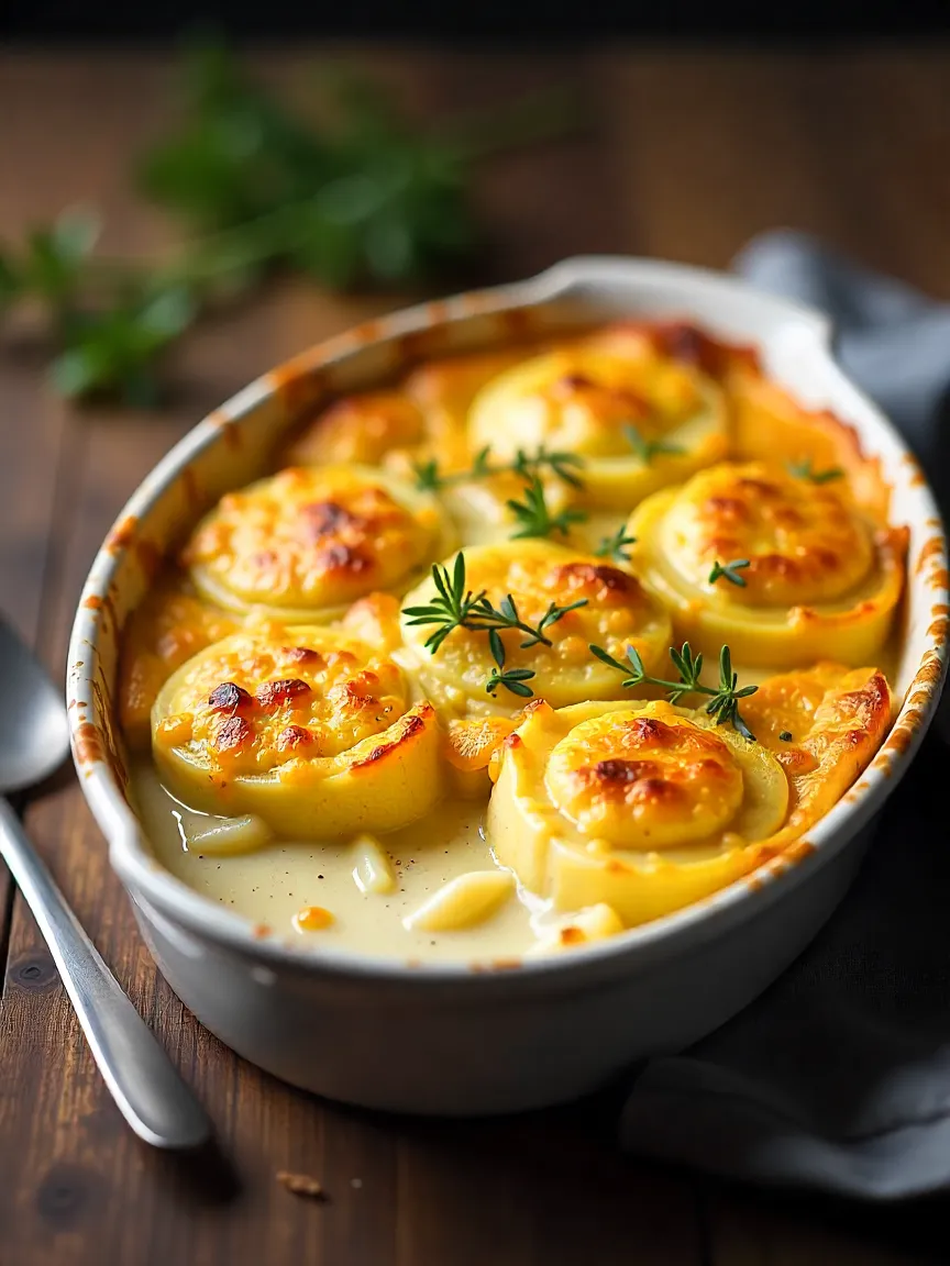 Scalloped potatoes with creamy layers and golden cheese crust in a baking dish.