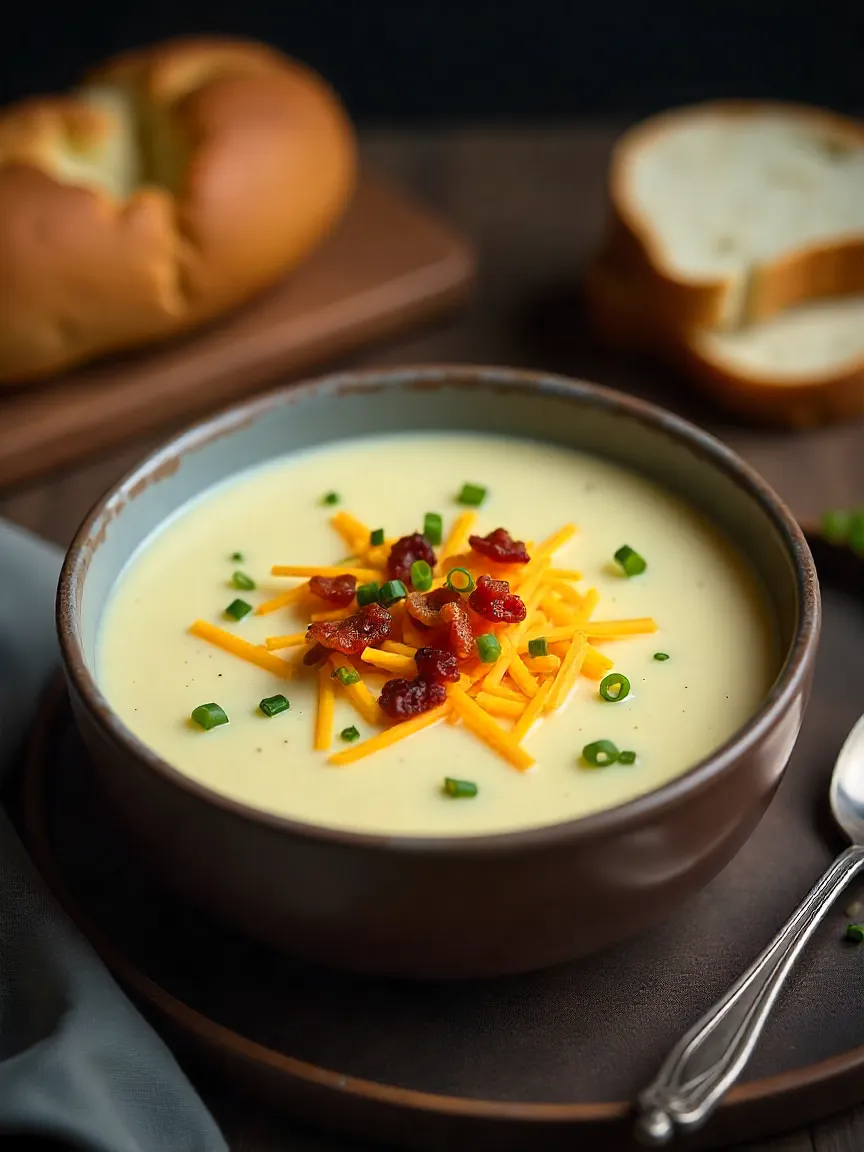 Creamy potato soup with bacon, cheese, and chives in a rustic bowl.