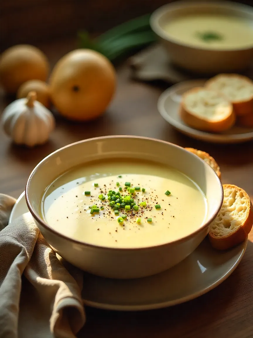 Creamy potato leek soup in a bowl, topped with chives and pepper, served with rustic bread and surrounded by fresh leeks and potatoes.