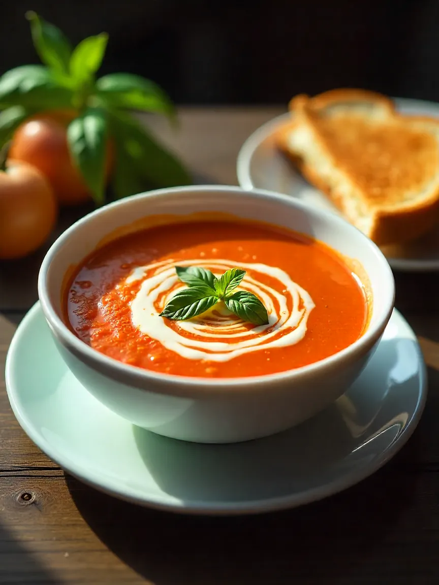 A creamy tomato basil soup garnished with basil leaves and a cream swirl, served with a grilled cheese sandwich on a rustic wooden table.