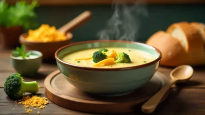 Steaming bowl of creamy broccoli and cheddar soup with fresh broccoli, cheese, and bread on a rustic table.