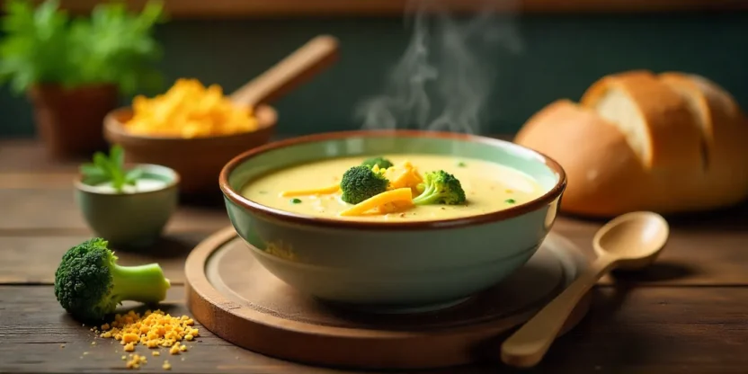 Steaming bowl of creamy broccoli and cheddar soup with fresh broccoli, cheese, and bread on a rustic table.