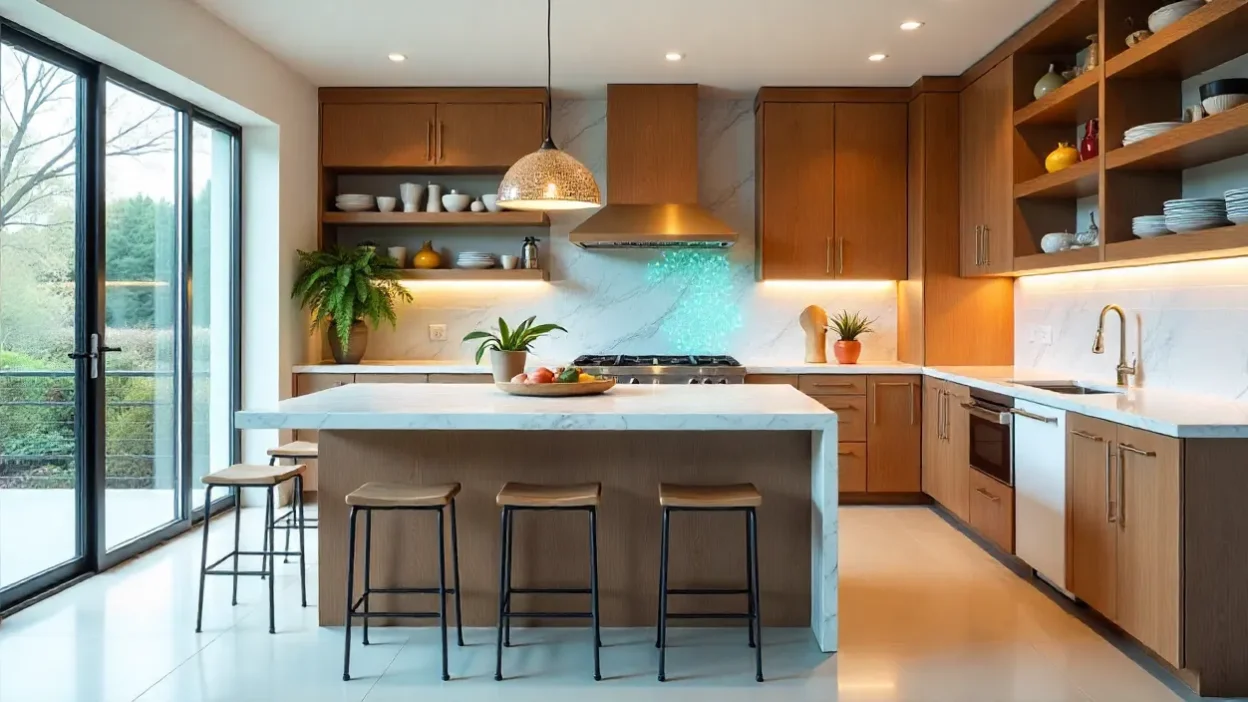 Modern kitchen featuring a movable island, bold backsplash, open shelving, statement pendant lighting, and mixed textures for a stylish and functional design.