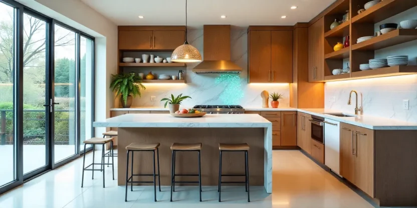Modern kitchen featuring a movable island, bold backsplash, open shelving, statement pendant lighting, and mixed textures for a stylish and functional design.