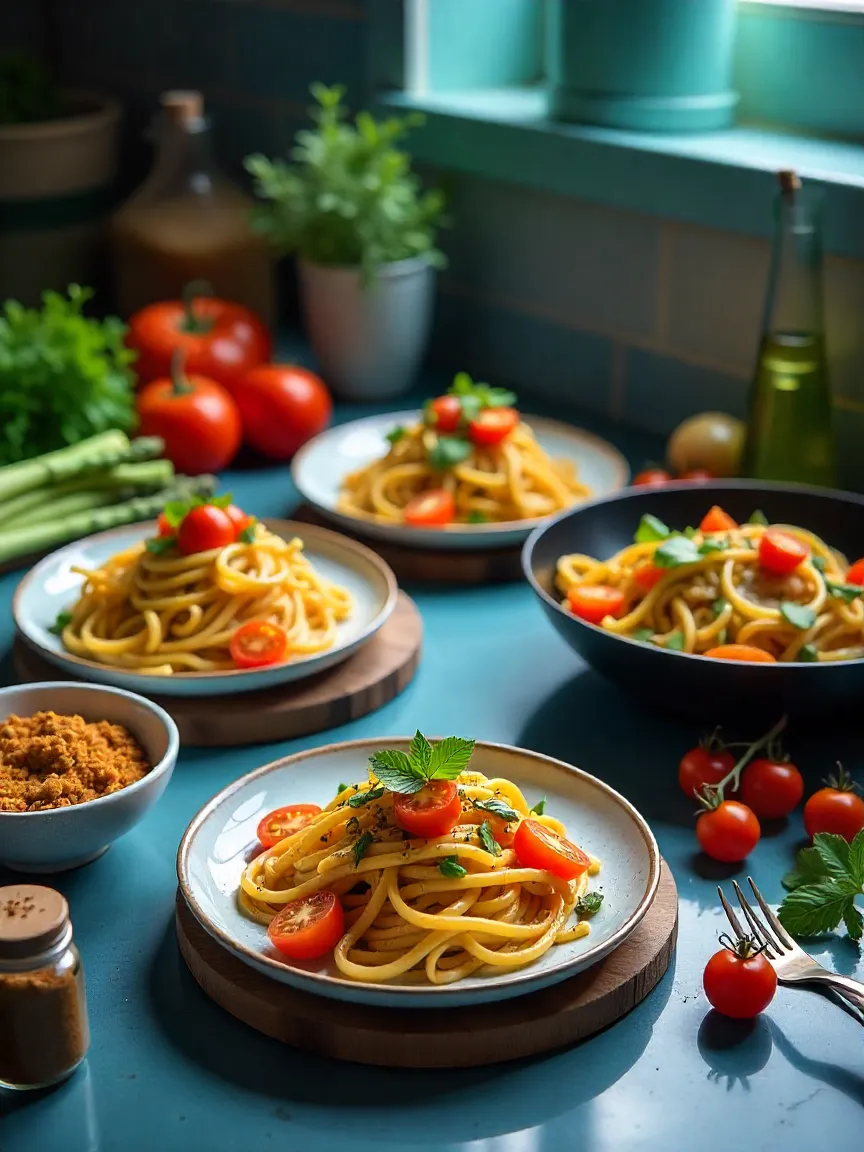 A kitchen table featuring Italian pasta, Mexican tacos, and an Asian stir-fry, surrounded by fresh seasonal produce and global spices for dinner inspiration.
