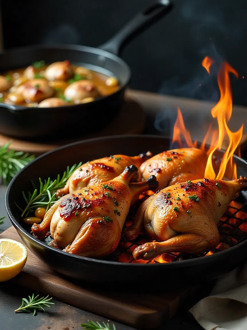 Cooking techniques for rabbit: braised rabbit in Dutch oven with wine and herbs, and marinated rabbit grilling over flames with lemon and rosemary.