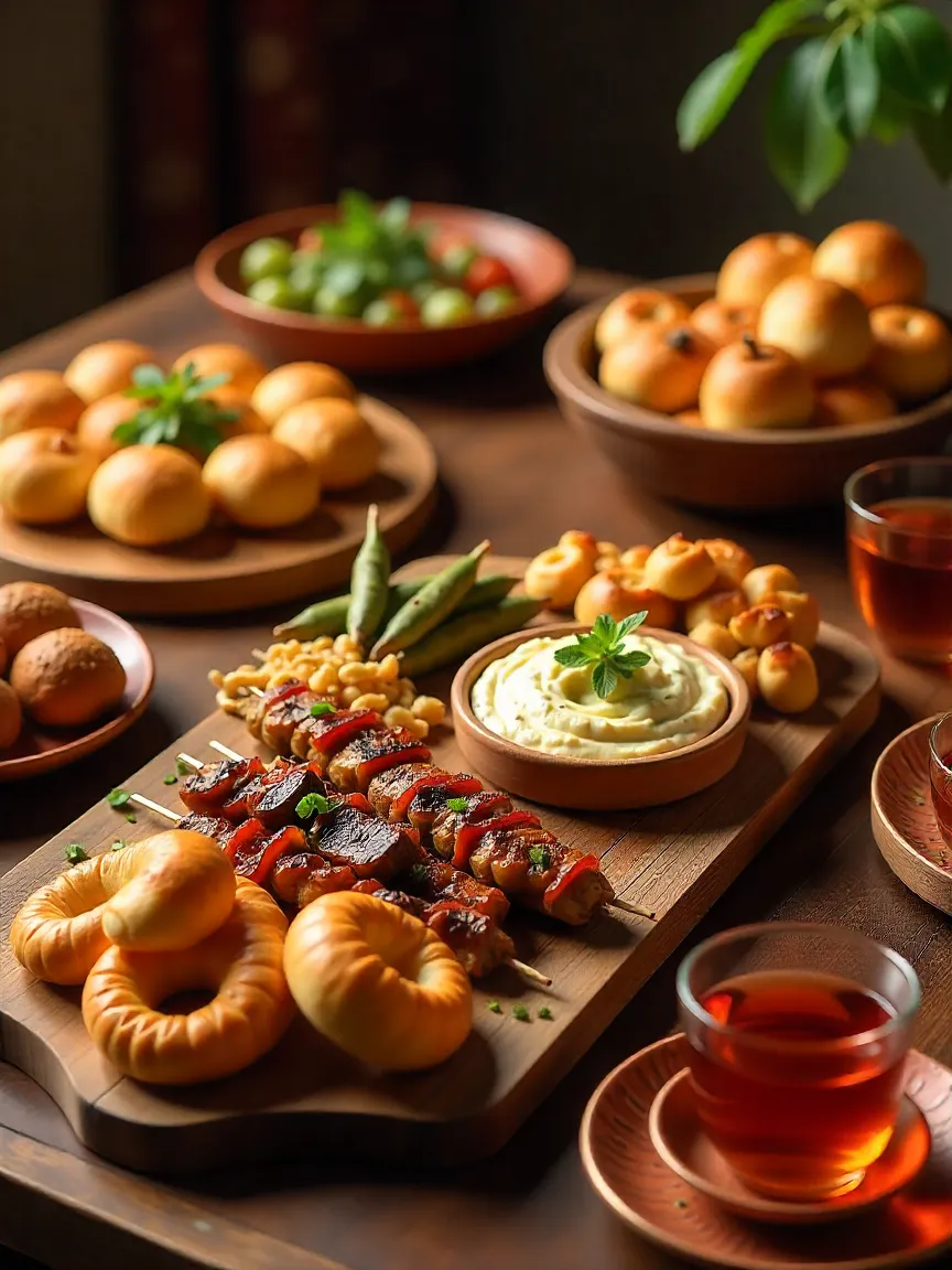 Traditional Turkish food spread with meze platters, kebabs, baklava, simit bread, and Turkish tea served on a table with authentic textiles and copper dishes.