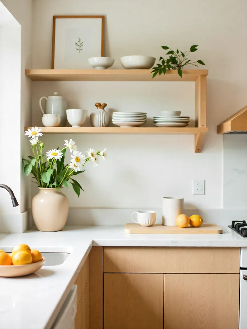 Modern kitchen with curated décor, including framed artwork, handmade ceramics, fresh flowers, and vibrant citrus accents for a personalized look.