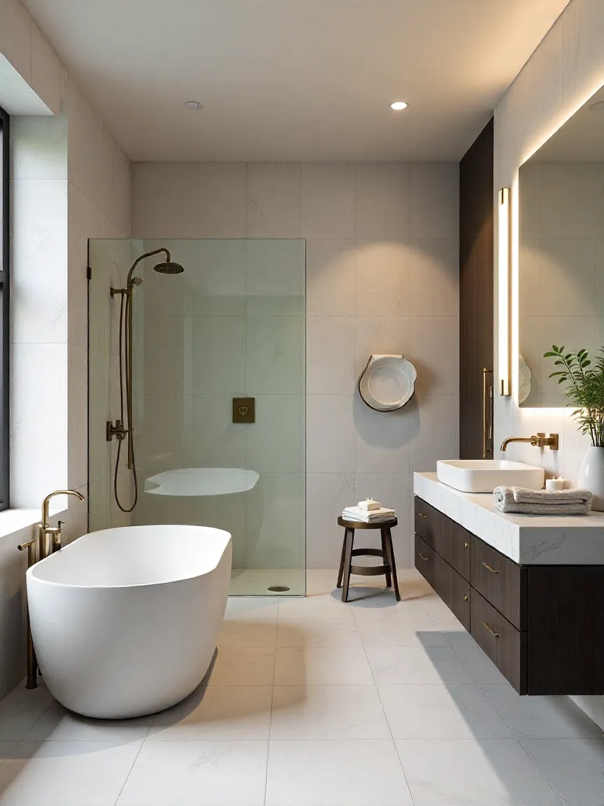 Modern bathroom with freestanding stone tub, rain shower, bold geometric tiles, and brushed gold fixtures in a spa-inspired design.