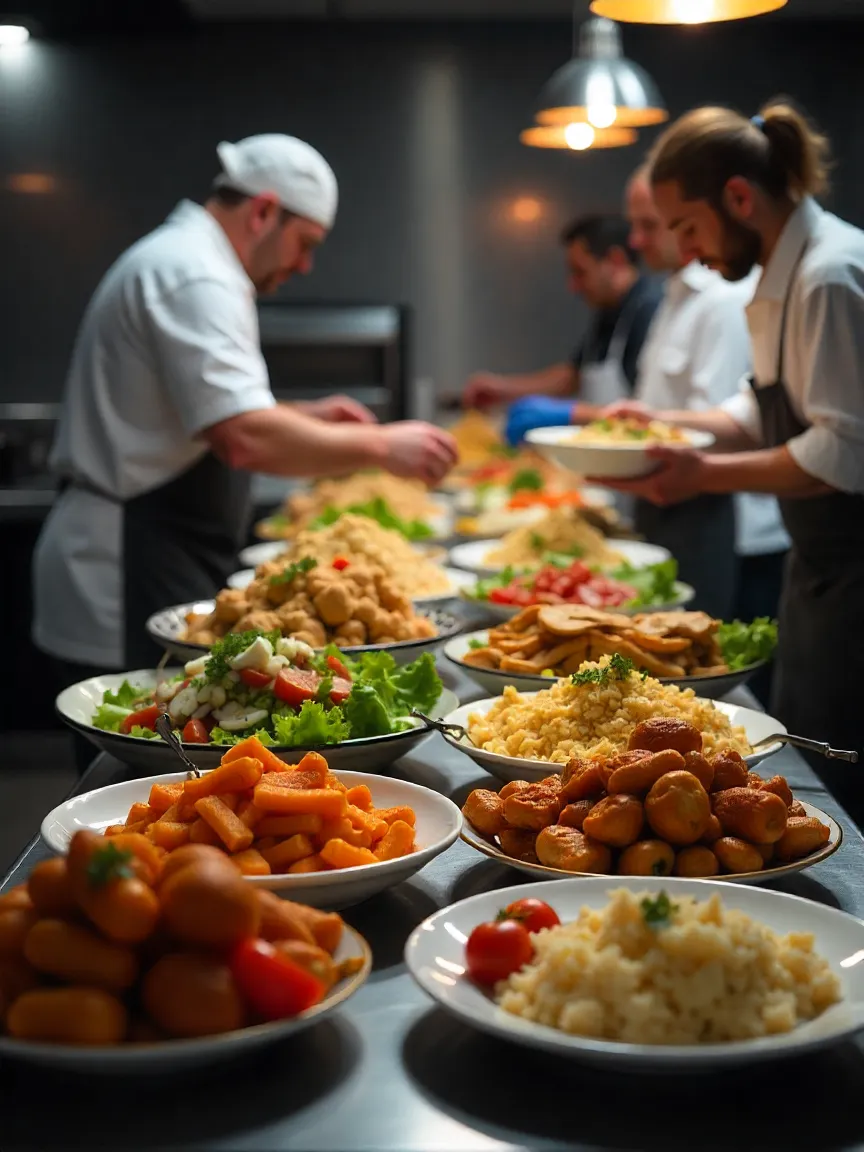 Catering service offering both buffet-style and individually packed meals to showcase customization and scalability.