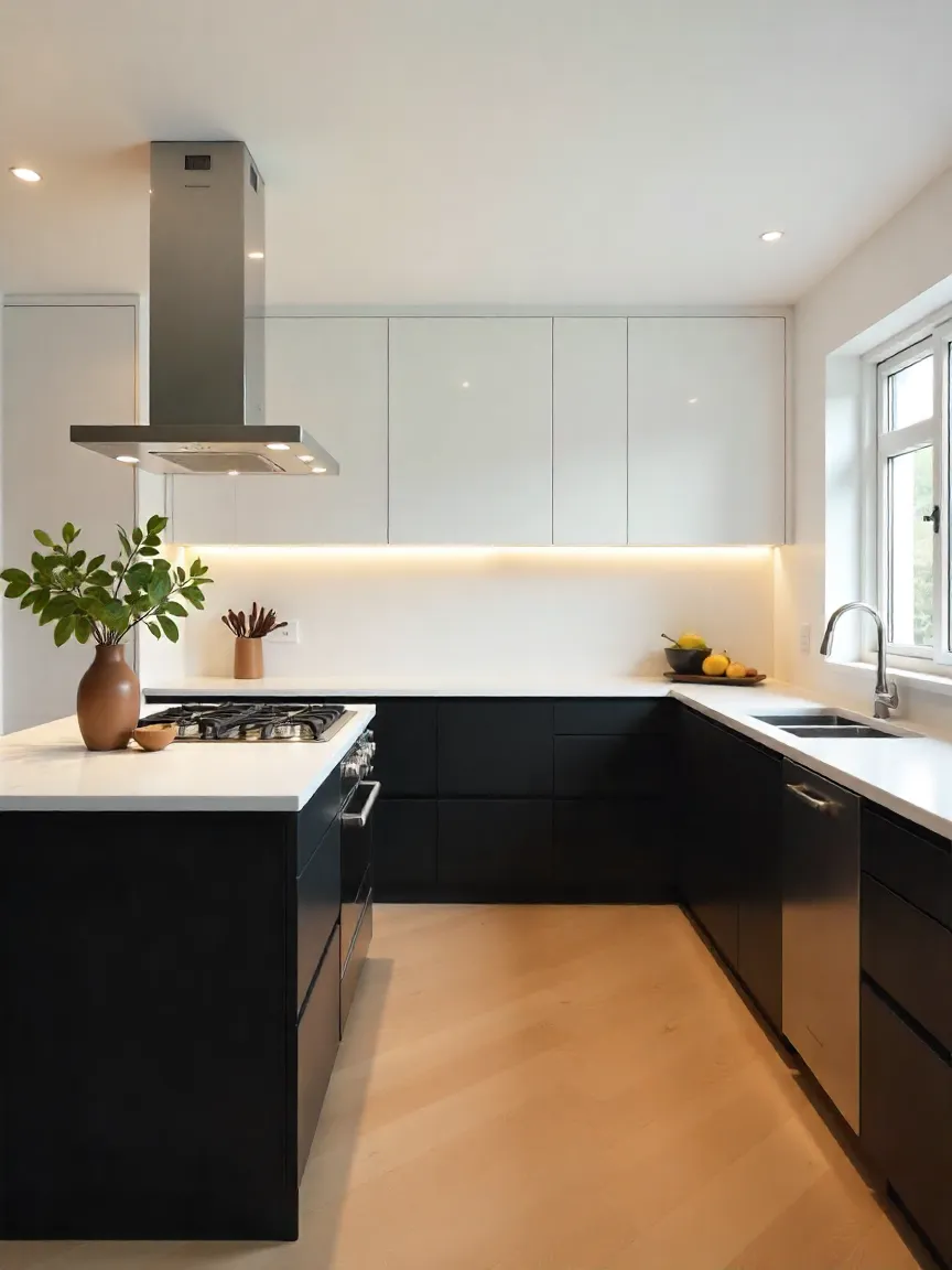 Modern kitchen with glossy cabinets, matte finishes, quartz island, and bamboo flooring.