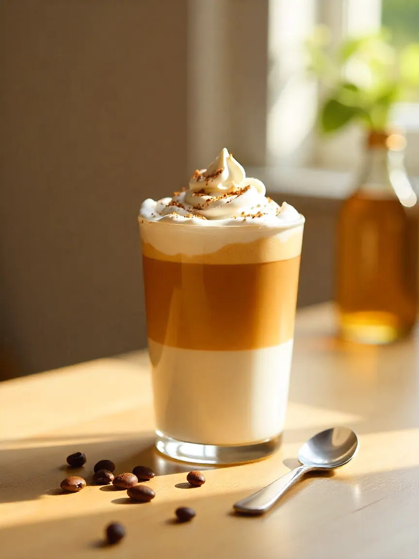 Glass of Dalgona Coffee with a fluffy whipped coffee layer on milk, styled with coffee beans on a wooden table in natural light.