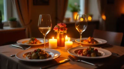 Romantic dinner for two at home with candles, flowers, and elegant table setting.