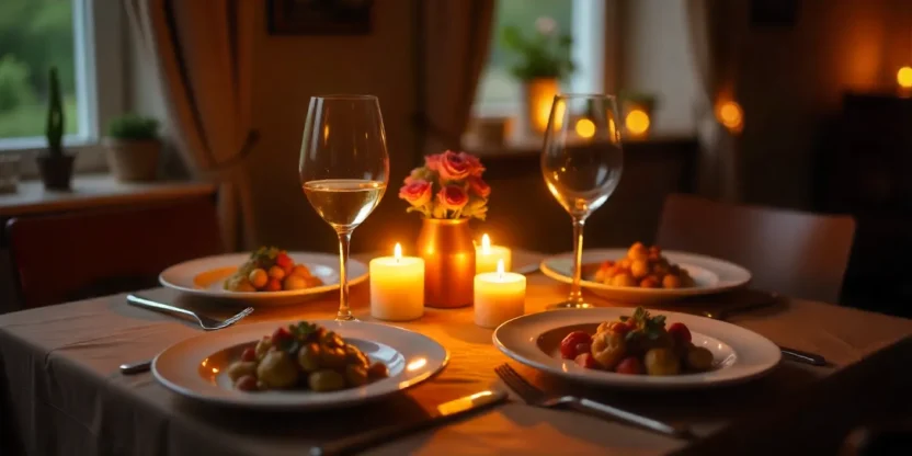 Romantic dinner for two at home with candles, flowers, and elegant table setting.