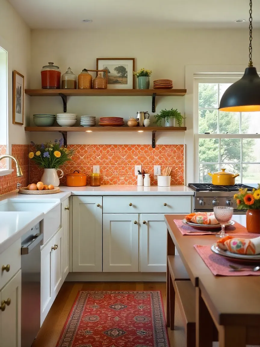 Cozy kitchen with vintage jars, bold backsplash, rustic table, and fresh flowers for a charming, personalized look.