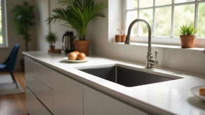 Modern kitchen with a deep kitchen sink, sleek countertops, and minimalist cabinetry, showcasing the sink's deep basin and functionality.