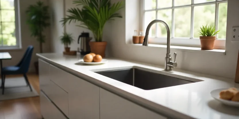 Modern kitchen with a deep kitchen sink, sleek countertops, and minimalist cabinetry, showcasing the sink's deep basin and functionality.