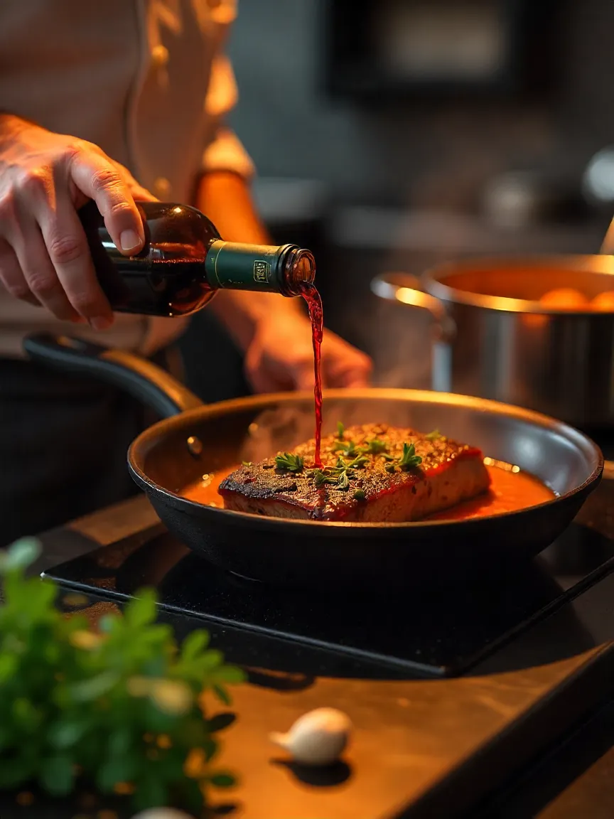 Chef deglazing a pan with red wine, scraping browned bits, next to a pot of braised short ribs, surrounded by fresh herbs and garlic, showcasing braising and deglazing techniques.