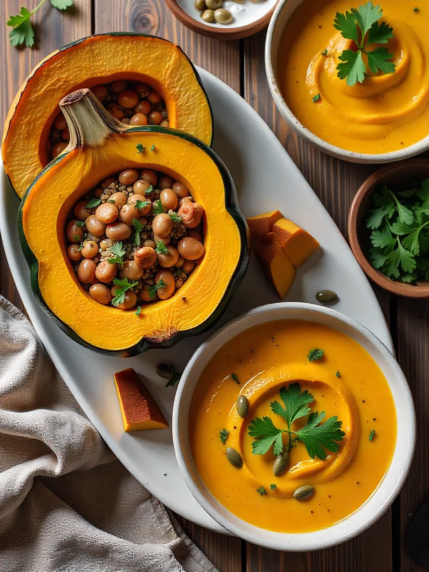 Delicious and healthy acorn squash recipes including stuffed squash with quinoa, maple roasted wedges, and creamy soup with pumpkin seeds