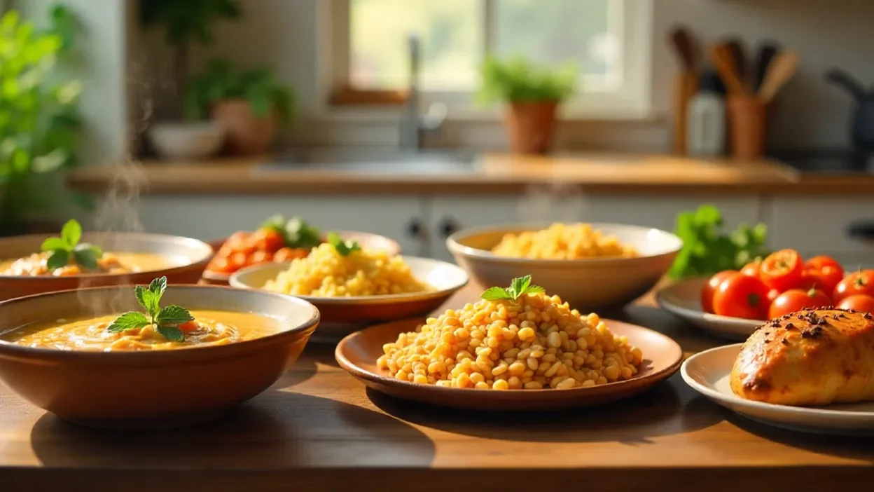 Colorful quick cooker meals on a wooden table in a bright kitchen.