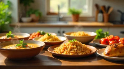 Colorful quick cooker meals on a wooden table in a bright kitchen.