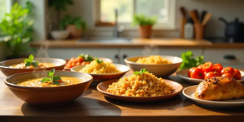 Colorful quick cooker meals on a wooden table in a bright kitchen.
