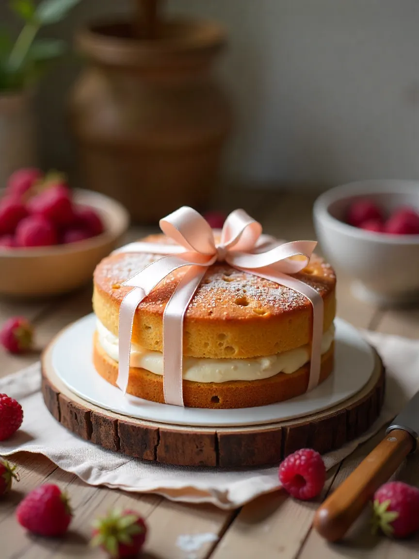 Homemade Charlotte cake with ribbon and fresh berries in cozy kitchen setting.