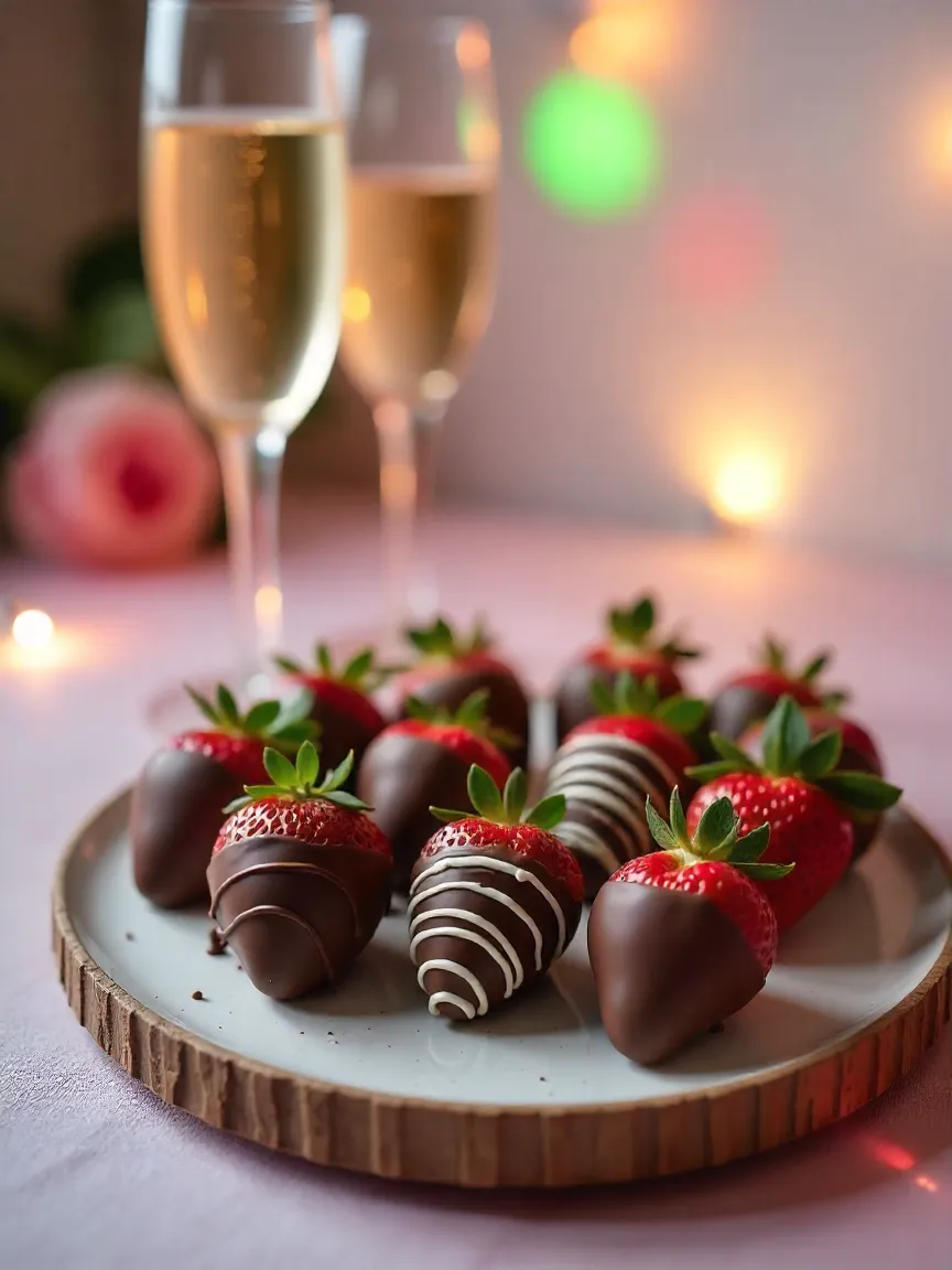 Chocolate-covered strawberries on a platter with champagne glasses, ready for a celebration.