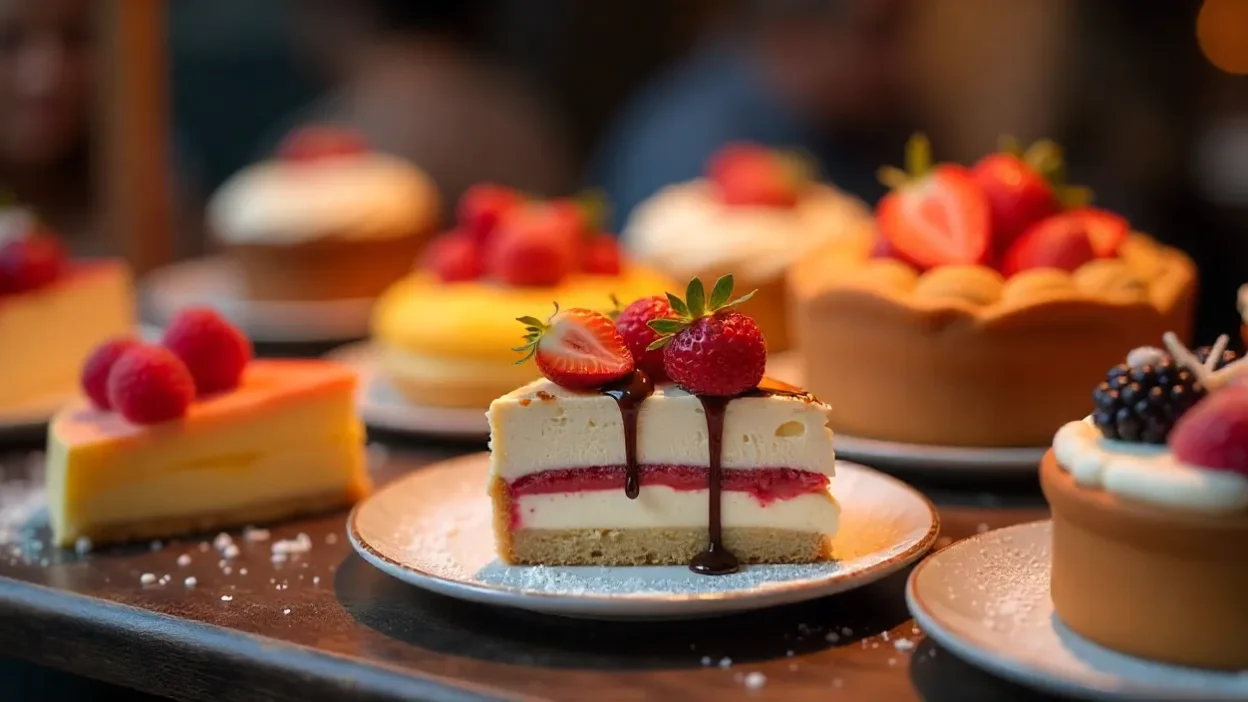 Colorful assortment of classic desserts with fruits and garnishes on a table.