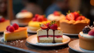 Colorful assortment of classic desserts with fruits and garnishes on a table.