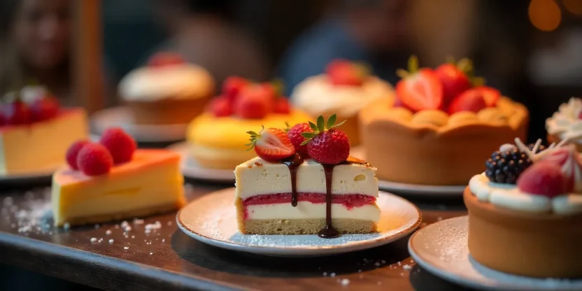 Colorful assortment of classic desserts with fruits and garnishes on a table.