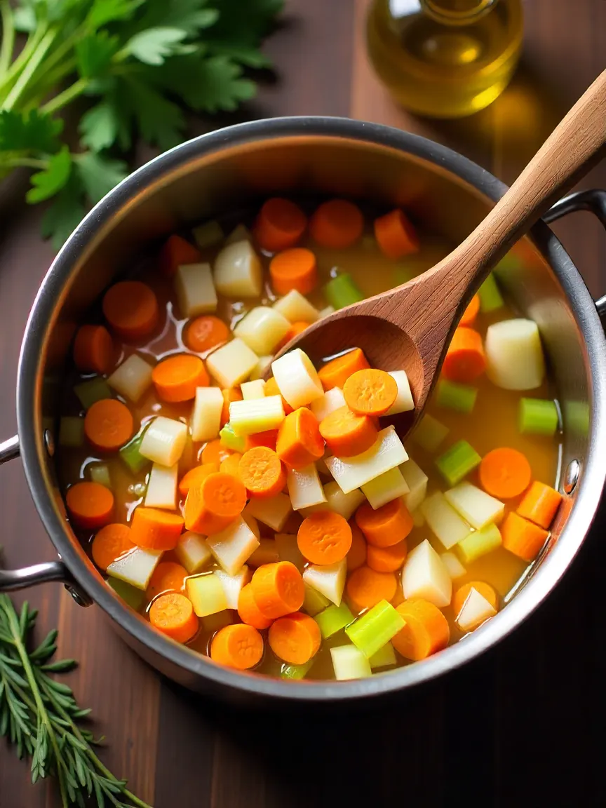 Diced onions, carrots, and celery sautéing in a pot with olive oil for tomato seafood soup.
