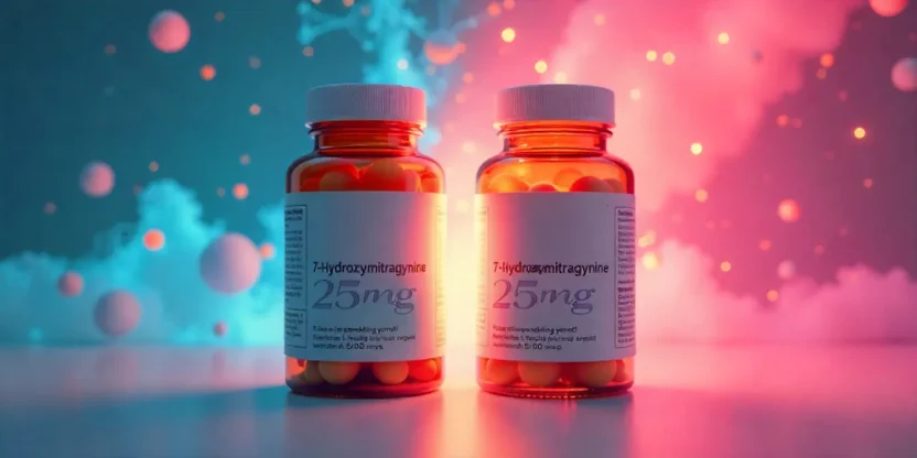 Two identical 7-hydroxymitragynine supplement bottles showing different intensity effects, symbolizing how the same dosage can feel different.