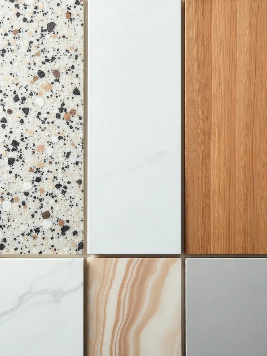 Samples of granite, quartz, marble, butcher block, and laminate countertops arranged together for comparison.