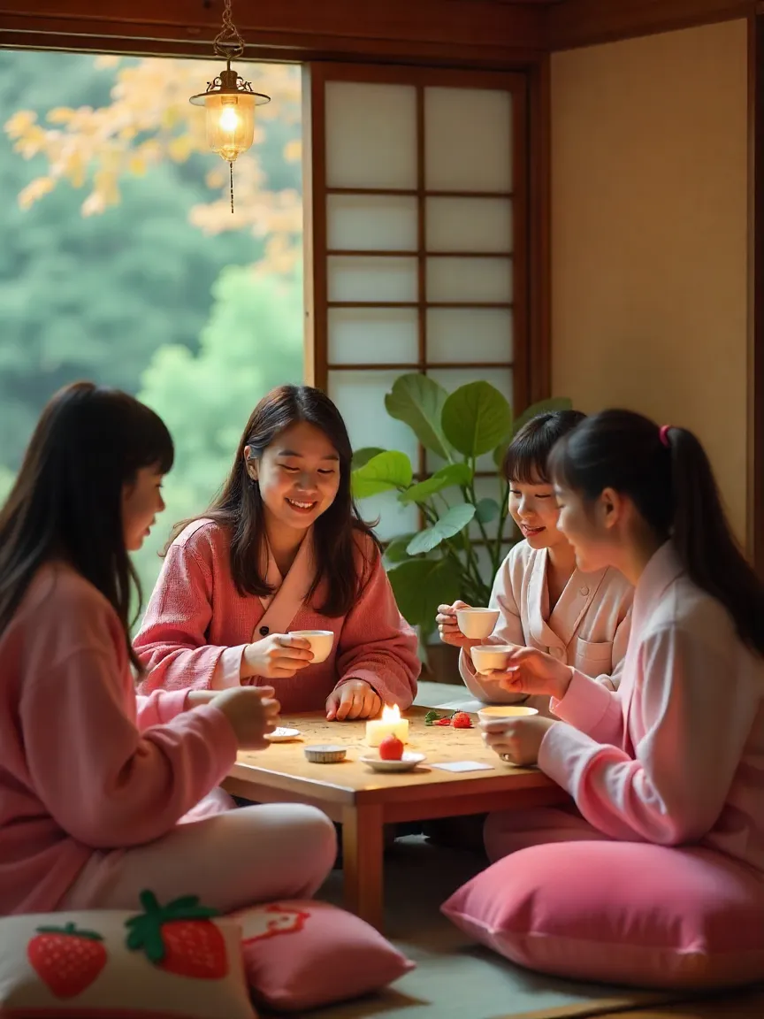 Young Koreans enjoying a calm moment with strawberry-themed accessories, symbolizing comfort and simplicity amid busy lives.
