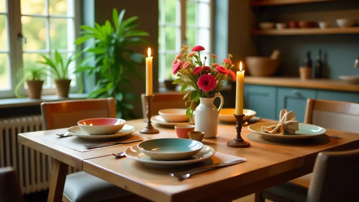 Cozy dining table set with flowers, candles, and colorful tableware.